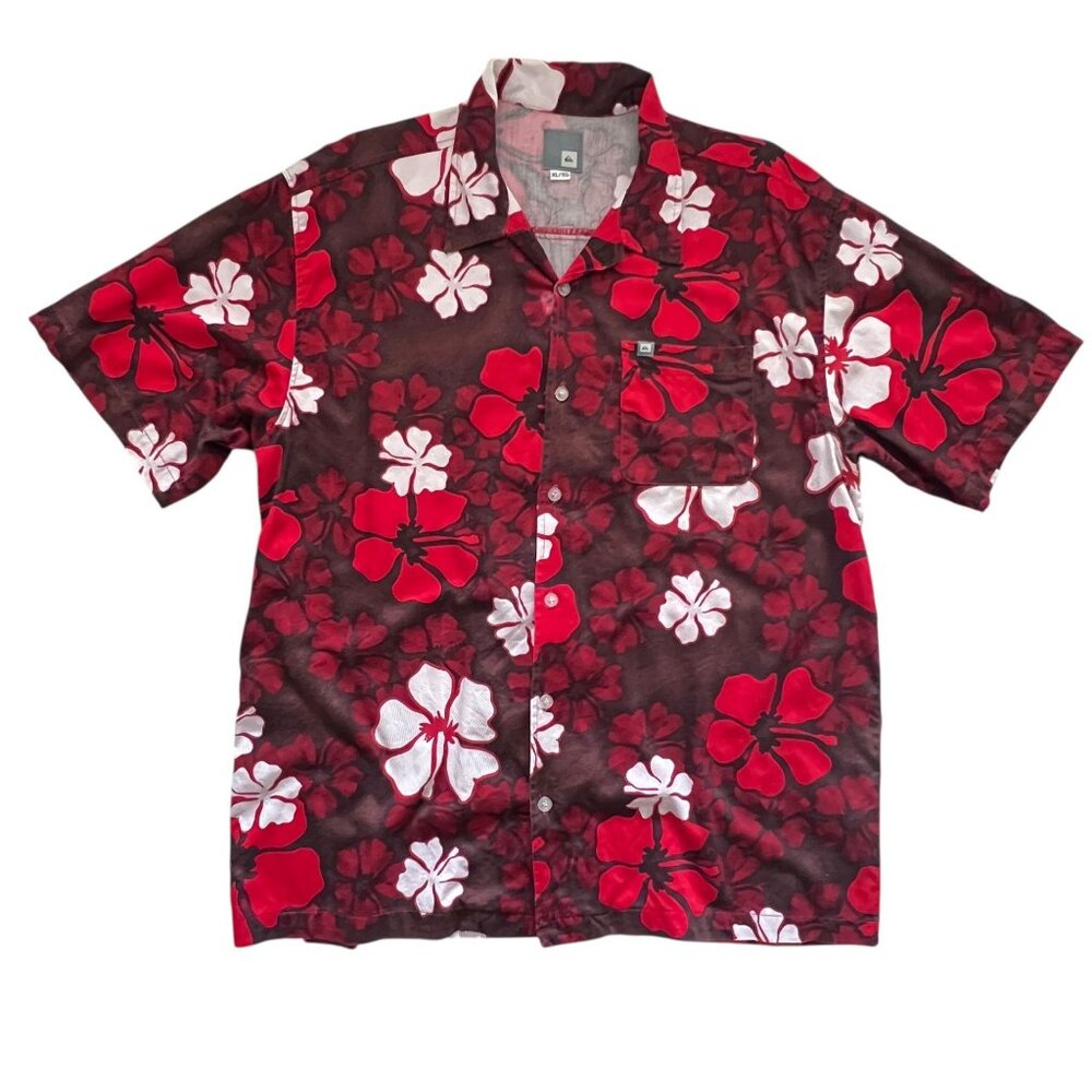 Vintage Quiksilver Hibiscus Aloha Shirt XL Surf Cotton USA Red‎